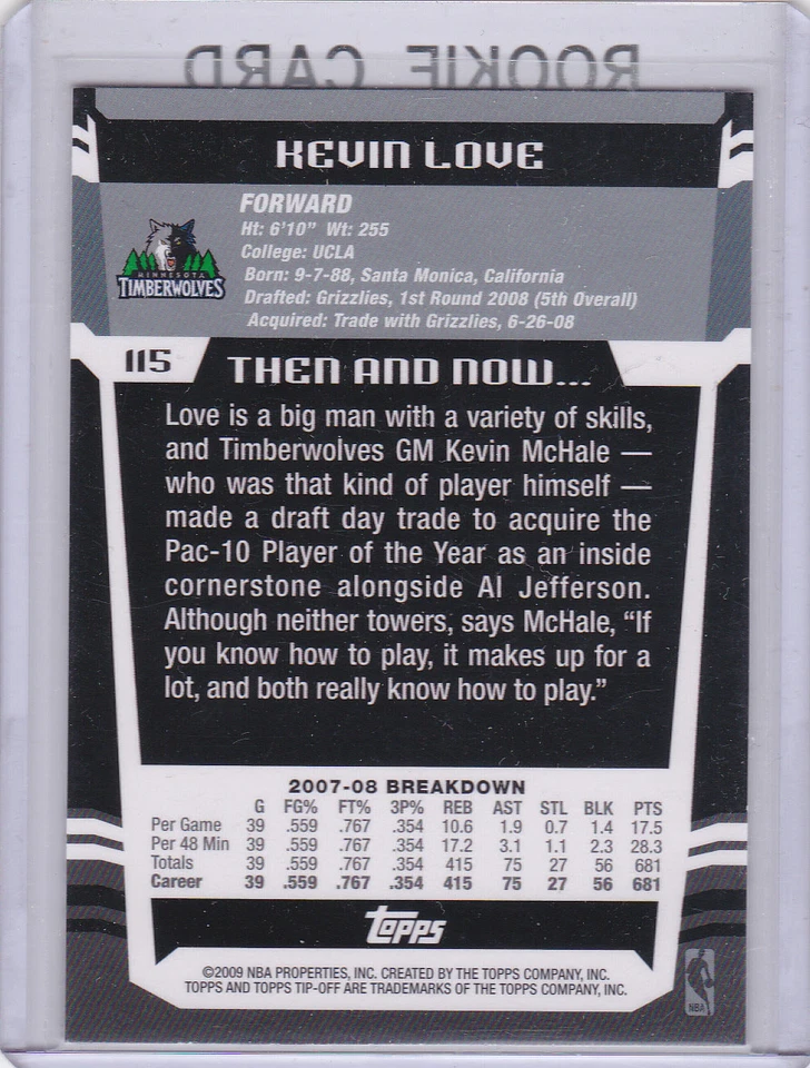 KEVIN LOVE ROOKIE CARD 2008 Topps Tip-Off RC Basketball Timberwolves Cavs LE! - Image 2 of 2