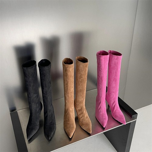 Women's Knee High Boots Pointy Toe Suede Kitten Heels Pull On Fashion
