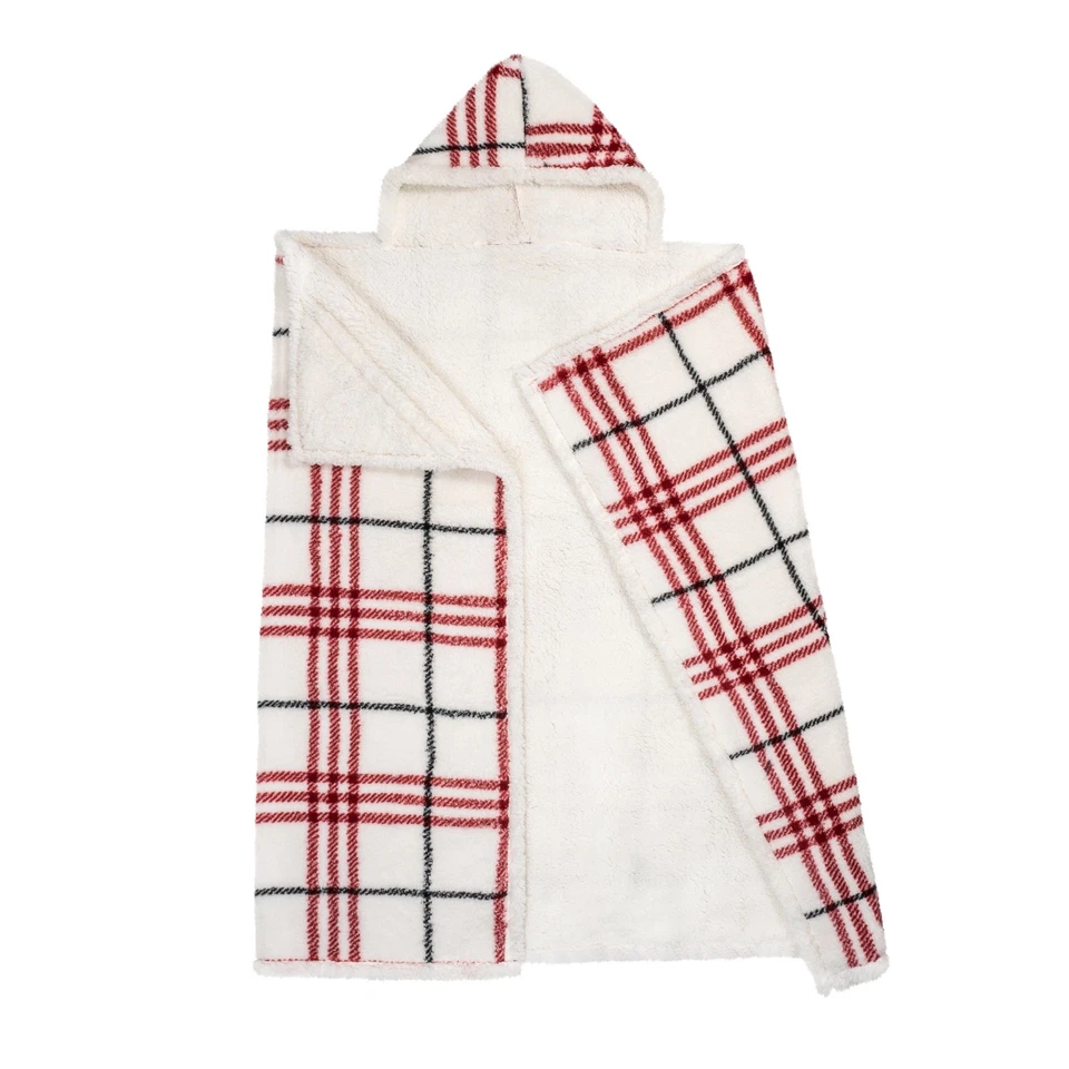 Hooded throw wearable blanket red and white plaid reversible sherpa - Image 2 of 3