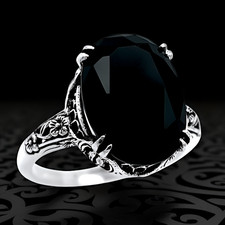 BLACK AGATE VINTAGE STYLE 925 SOLID STERLING SILVER FLORAL DESIGN RING  1349