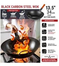 NEW - 13.5" Carbon Steel Wok Pan – Pre-Seasoned, Flat Bottom Pow Wok