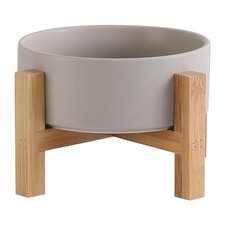 Elevated Ceramic Cat Bowl - Food with Bamboo Stand - Small, Grey