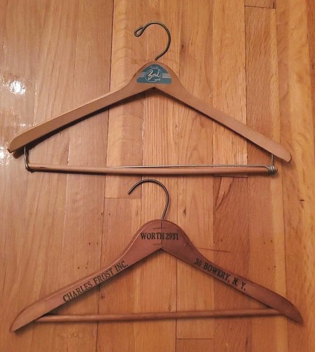 2 Vint Wooden Hangers Advertising MEN'S HABEDASHERY NYC BOND NEW YORK Bowery NYC