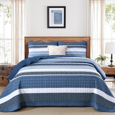 Blue Striped Quilt Set Size 3 Piece Summer Patchwork Bedspreads Queen Blue 2
