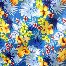 Tropical Hawaiian Print Fabric Turquoise Blue Hibiscus Poly Cotton 58" By Yard