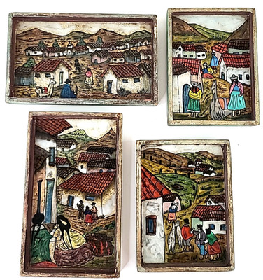 4 miniature Vtg paintings Peruvian reverse painted Glass folk art village life