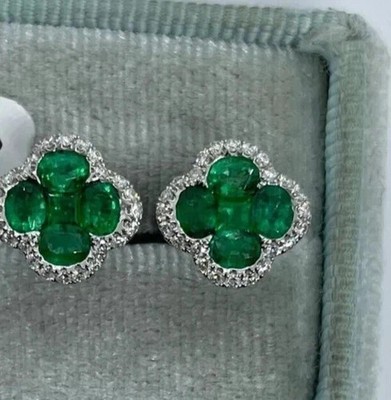 Lab Created Emerald 2.50Ct Oval Cut Flower Stud Earrings 14K White Gold Plated