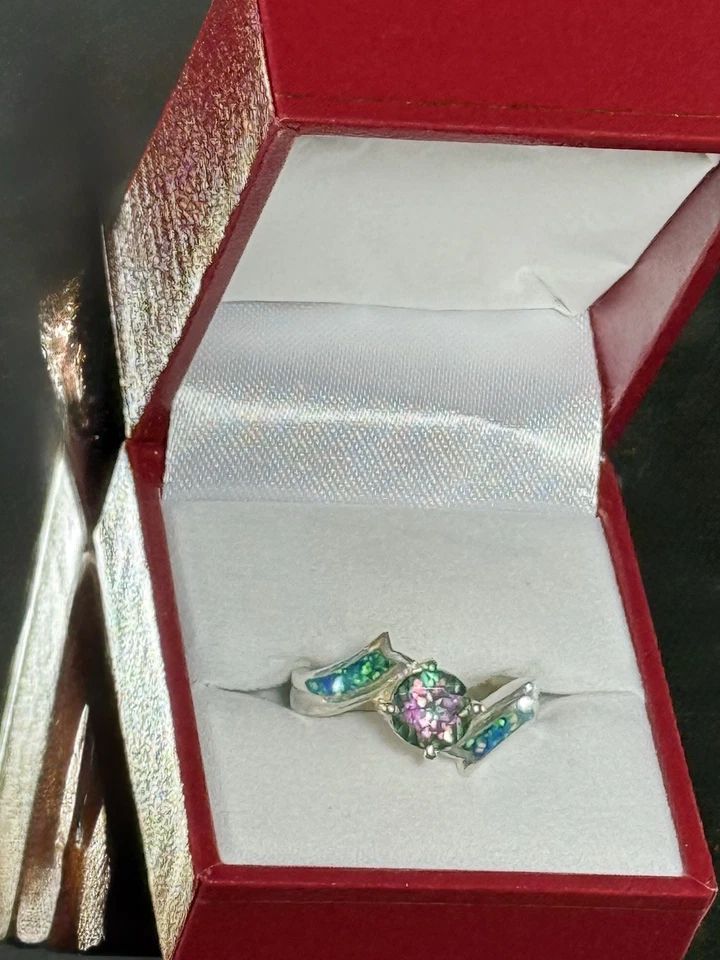 Vintage Blue Opal And Rainbow Mystic Topaz 925 Sterling Silver Ring - Image 4 of 4