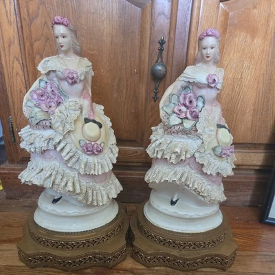 Vtg Rare Dresden Porcelain Spaghetti Lace Figurine Pair Pink Ladies Lamp Stand - Image 1 of 4