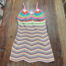 Crave Fame XL Rainbow Chevron Crochet Knit Mini Dress Retro Festival Scallop Hem