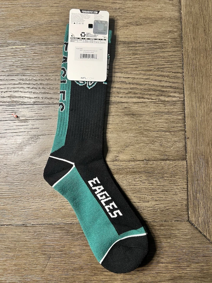 Meias NFL MVP PHILADELPHIA EAGLES PRETO/VERDE TRIPULAÇÃO TAMANHO GRANDE NOVAS - Imagem 2 de 3