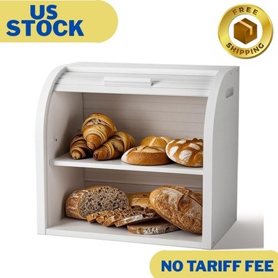 Bread Box: Large 2-Tier Bamboo Roll Top Bread Storage Container for Kitchen