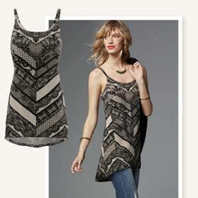 CAbi Monaco Women s Lace Top S Print Black Beige Tunic Tank S Whimsigoth 3278