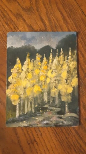 Old & Small Impressionist Oil Painting On Masonite AUTUMN BIRCH Trees W. Wilson 