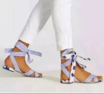 CAbi Watercolor Gladiator Tie-Up Sandals Blue Striped/Floral Size