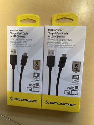 2 PACKS SCOSCHE StrikeLine USB-C Charge & Sync Cable for USB-C Devices 5Gbps 3FT