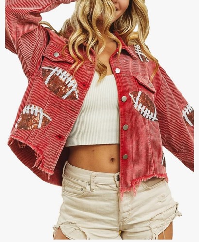 Women’s Cropped Corduroy Jacket W Sequin Football Patches S-XL Red or Black NWT - Picture 11 of 27