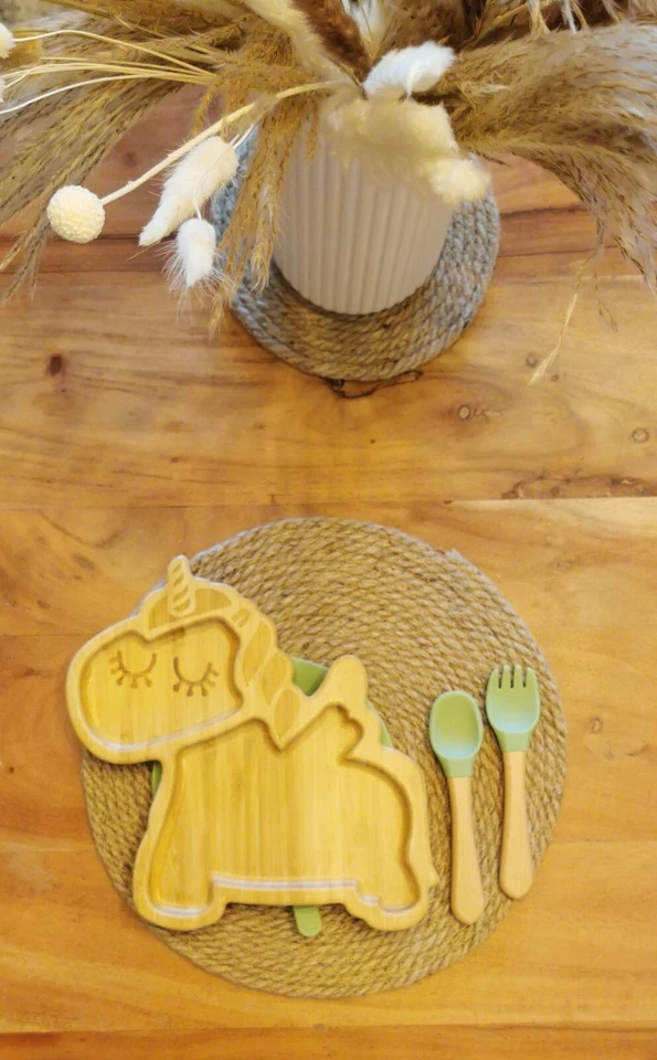 Bambus Kinderteller Babyteller, inkl Besteck. Einhorn, Unicorn (Grün) *Neu* - Bild 2 von 3