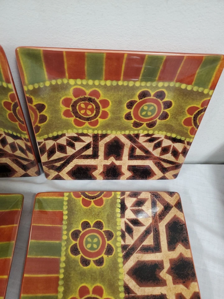 Rio (4) Tabletops Gallery Square Salad Plates 8 1/4" Orange Green Rust - Image 4 of 4