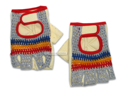 Vintage EROICA Crochet Knit Cycling Bicycling Gloves GRAY/BLUE/ORANGE/RED 