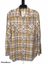 Route 66 Men's L Brown Plaid Pearl Snap Graphic Shirt Cowboy Rodeo NWOT