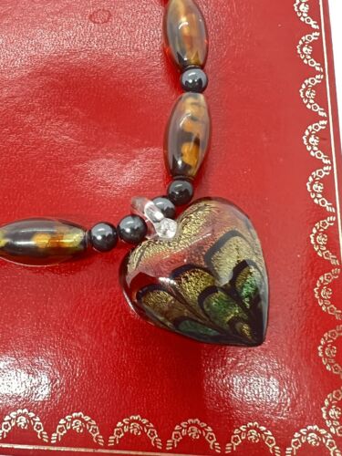 18” Murano Heart Glass Pendant And Glass Bead Necklace - Afbeelding 1 van 6