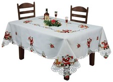 Holiday Christmas Santa Reindeer Poinsettia Winter Tablecloth WITH Napkins White