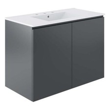 Modway Bryn 36" Modern Wood/Ceramic Wall-Mount Bathroom Vanity in Gray/White