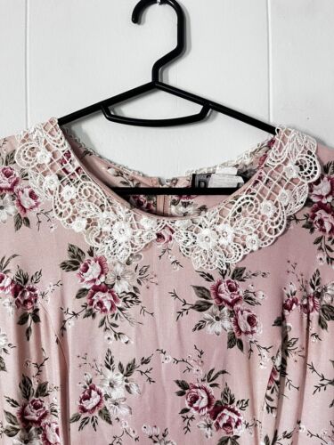 Vintage 1980s Dress Women's 7/8 Pink Floral Cottagecore Prairie Lace Collar - Picture 3 of 11