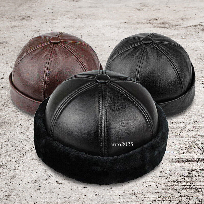 Men's Genuine Leather Winter Warm Zucchetto Cap Beret Round Hat