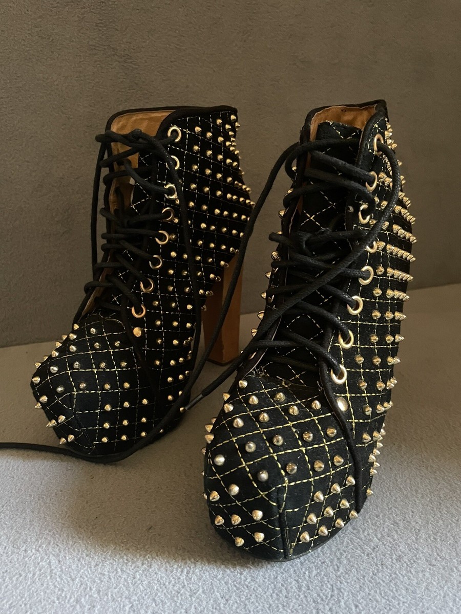 Jeffrey Campbell Lita Q Gold Studded Black Bootie Shoe Women's