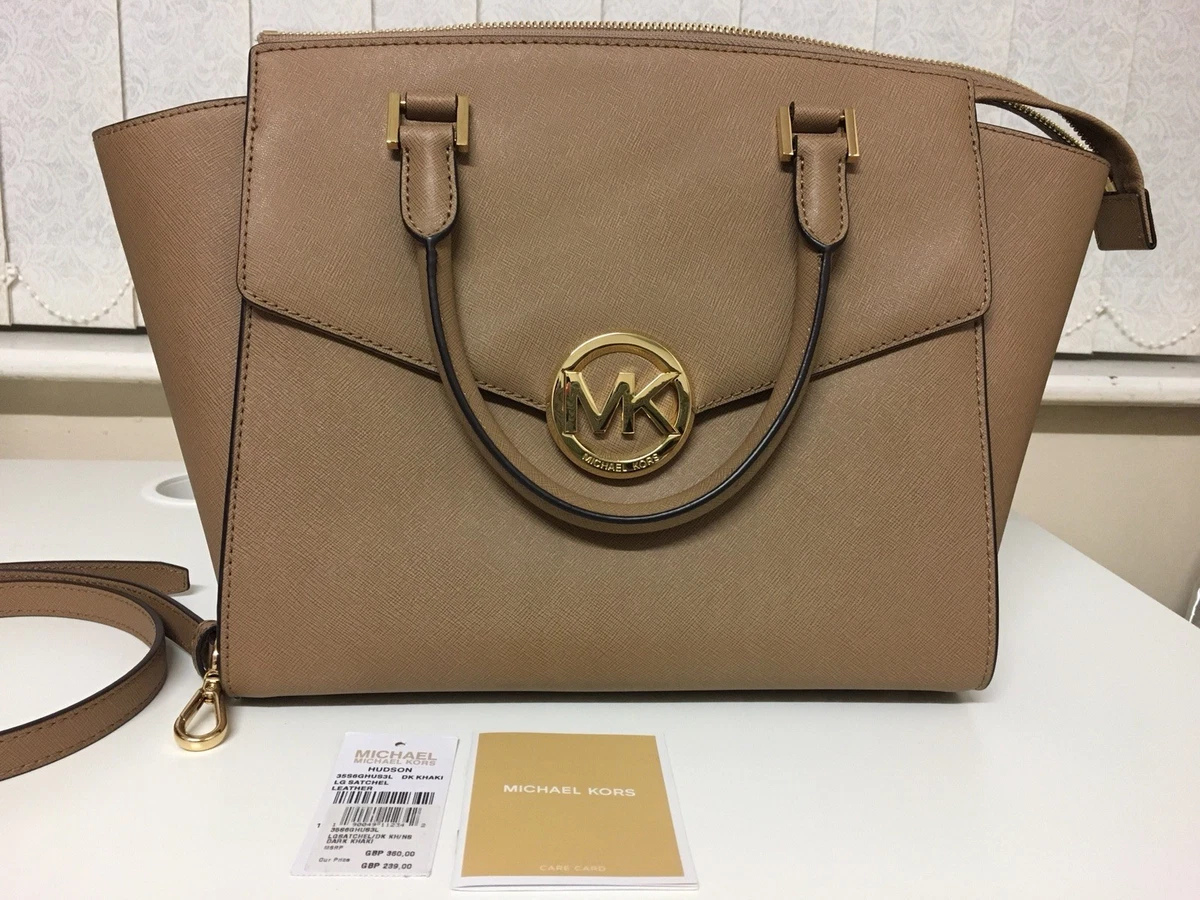 Michael Kors Hudson Dark Khaki Leather Satchel Large Bag Handbag