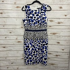 David Meister Blue Animal Print Peplum Hem Sheath Tank Career Dress Size 4