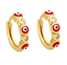 18ct Gold Filled Red Evil Eye Huggie Hoop Earrings By AT Jewellery
