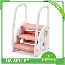 3-Step Stool for Kids Sturdy Plastic Standing Tower w/ Handrails Non-Slip Pads