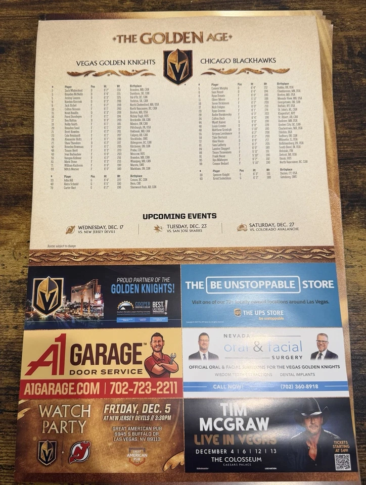 Плакат игровой Vegas Golden Knights vs Chicago Blackhawks 12/2/25 - Брэндон Саад - Изображение 2 из 2