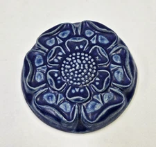 Pewabic Pottery Tile Round Matte Blue Flower 2006 Detroit Arts & Crafts Style