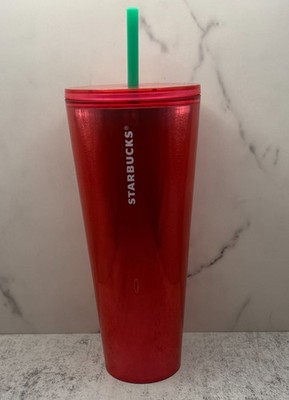 Starbucks Venti 24oz Cup Tumbler Shiny Ruby Red Pink With Chrome Finish