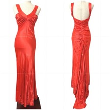 VTG Y2K Orange Satin Ruched Maxi Gown Bodycon Train Formal Prom Dress Fits 4