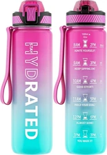 Water Bottle with Straw, 32oz Motivational Water Bottles with Time Marker to Dri