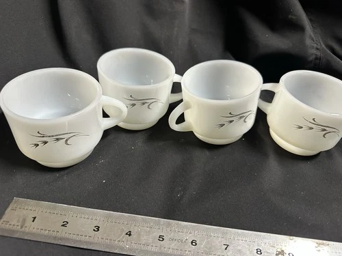 Vintage 1960s Anchor Hocking Fire-King Silver Wheat Mugs Set of 4
