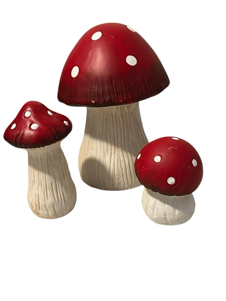"Juego de 3 estatuillas vintage de decoración de setas de terracota roja y blanca de 7""" Foto 2 de 4