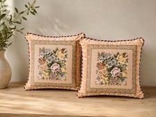 Vintage Needlepoint Floral Pillow Set of 2 15x15 Inches