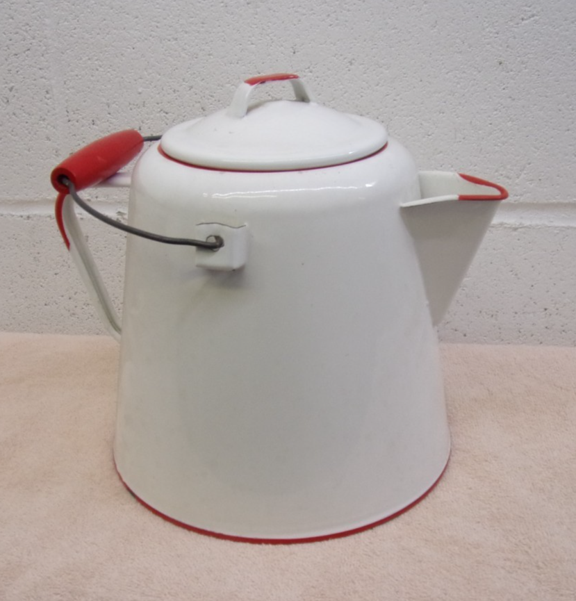 Large Vintage Farmhouse Red & White Enamelware Tea Kettle, 4 Quart