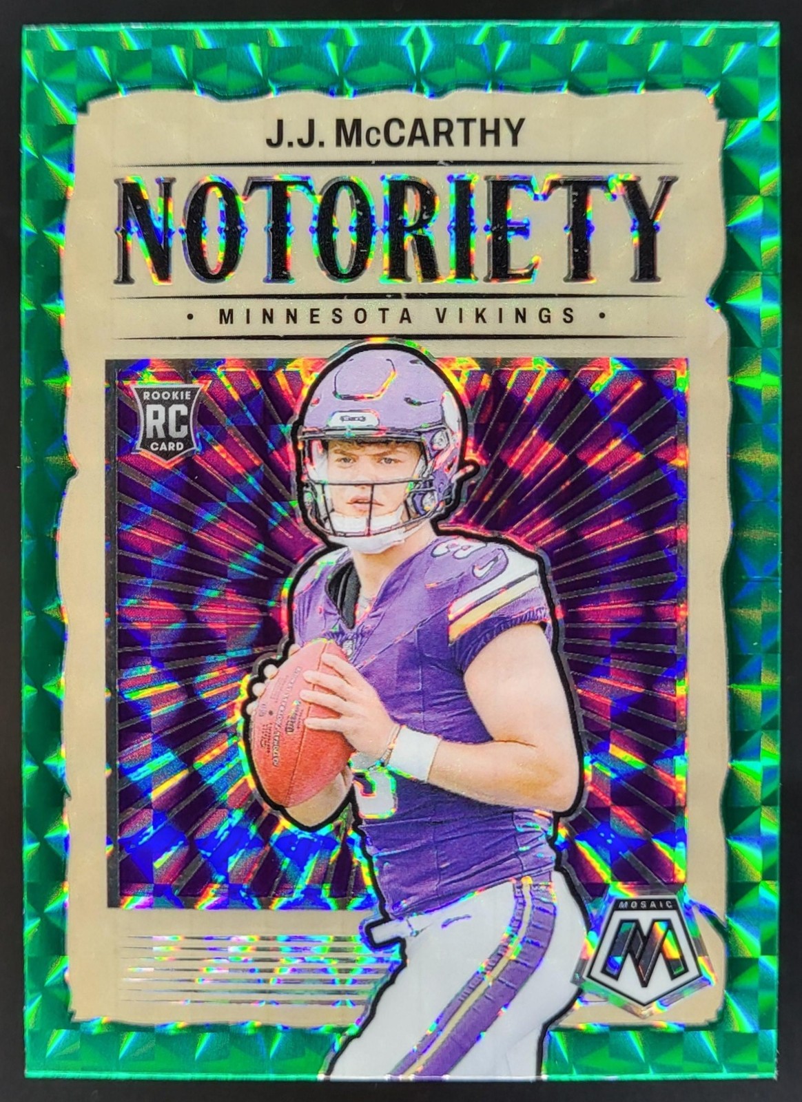 2024 Panini Mosaic J.J. McCarthy Notoriety Green #21 RC Minnesota Vikings RJ3