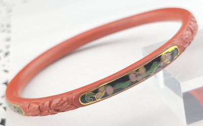 Vintage Red Carved Cinnabar Cloisonne Enamel Flower 6mm Bangle Bracelet 7''