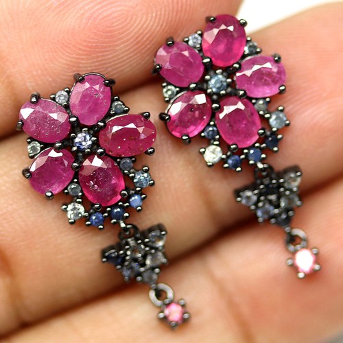 925 Sterling Silver Pink Red Ruby & Sapphire Earrings Black Gold Minimolist - Picture 2 of 4