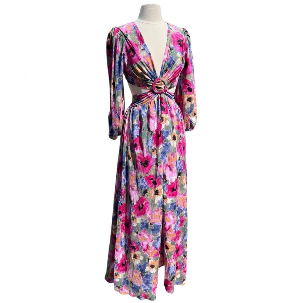 chinese dress ladies Embroidered Floral Maxi Dress w/Contrast Trim - Entro