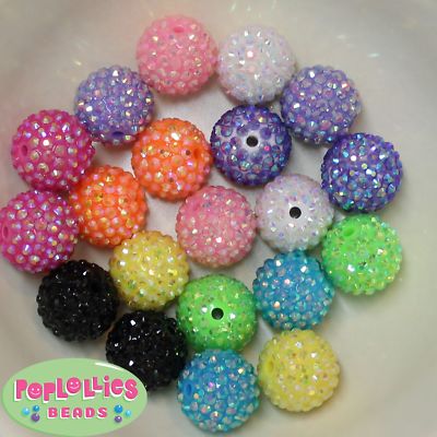 10 Color 20mm Rhinestone Resin Chunky Bubblegum Beads 20pc  RAINBOW MIX 