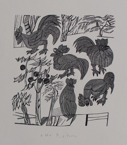 Gallos Otto Rohse Animalstudie Edition Griffelkunst firmado xilografía 1972 - Imagen 3 de 4
